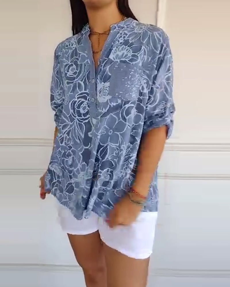 Blusa Estampada Abotonada con Cuello en V