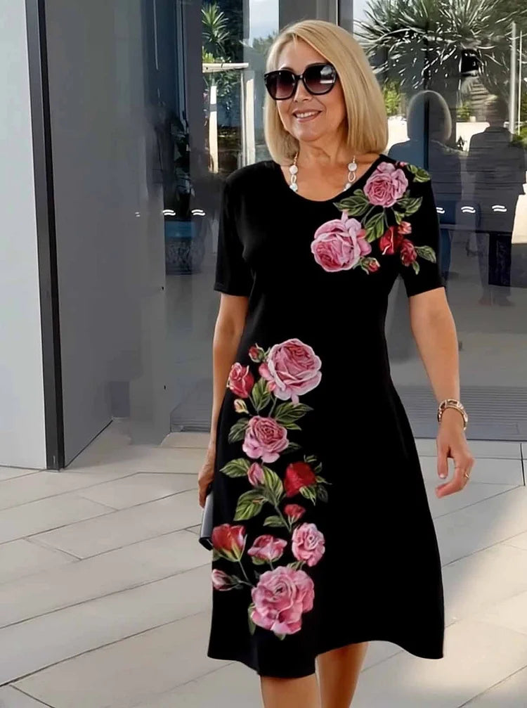 Rosara - Vestido Medio Impreso Suelto y Cómodo