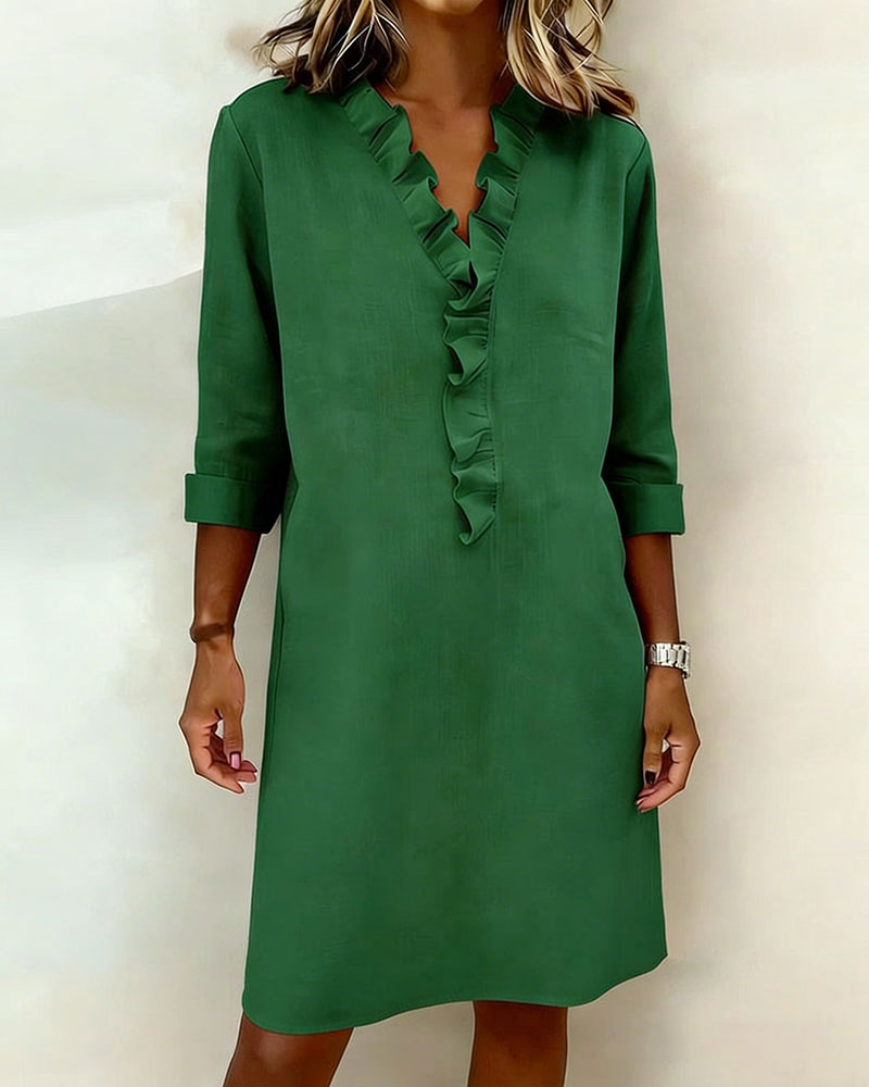 Vestido Sólido con Volantes y Cuello en V