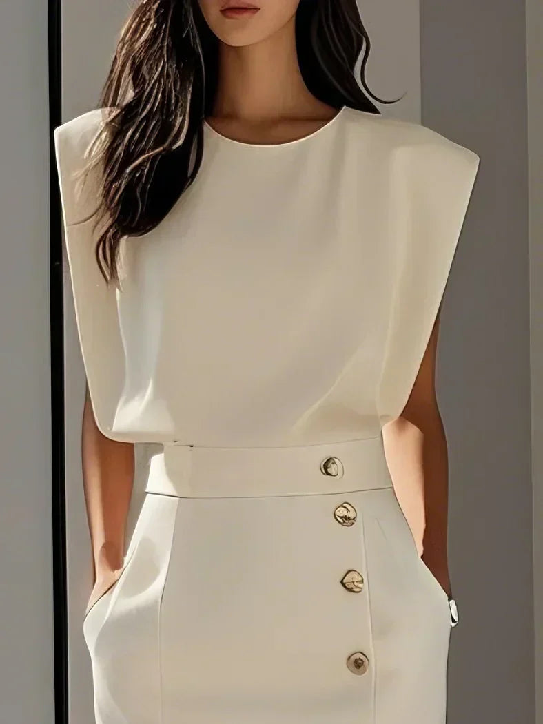 Malene™ | Vestido Midi Sólido con Abertura de Botones y Escote Redondo