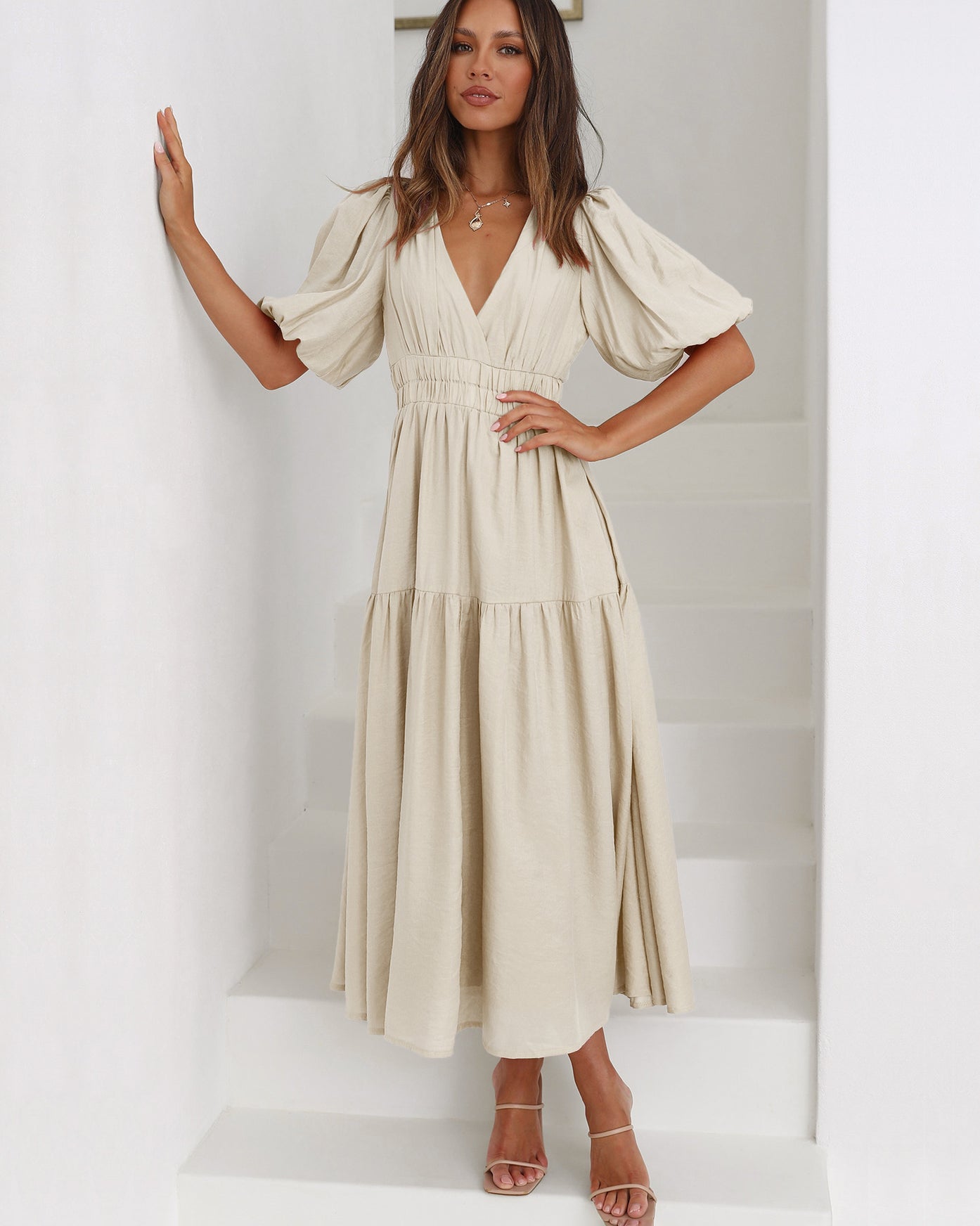 Vestido Ella Cuello en V Mangas Abullonadas