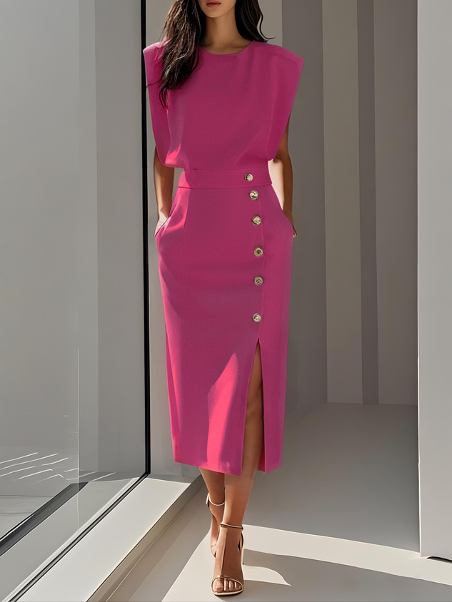 Malene™ | Vestido Midi Sólido con Abertura de Botón y Escote Redondo