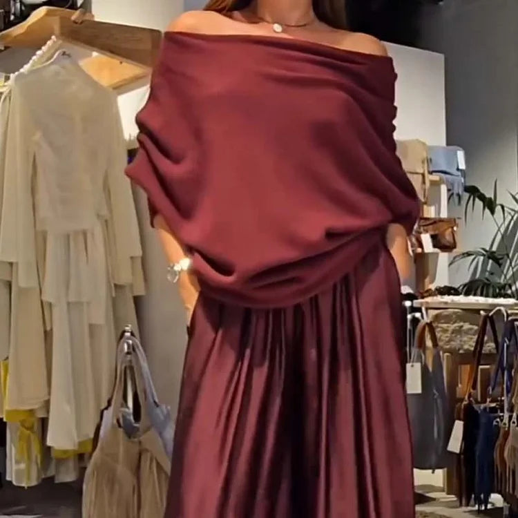 Conjunto de salón elegante de dos piezas con hombros descubiertos – suave, favorecedor y elegantemente casual