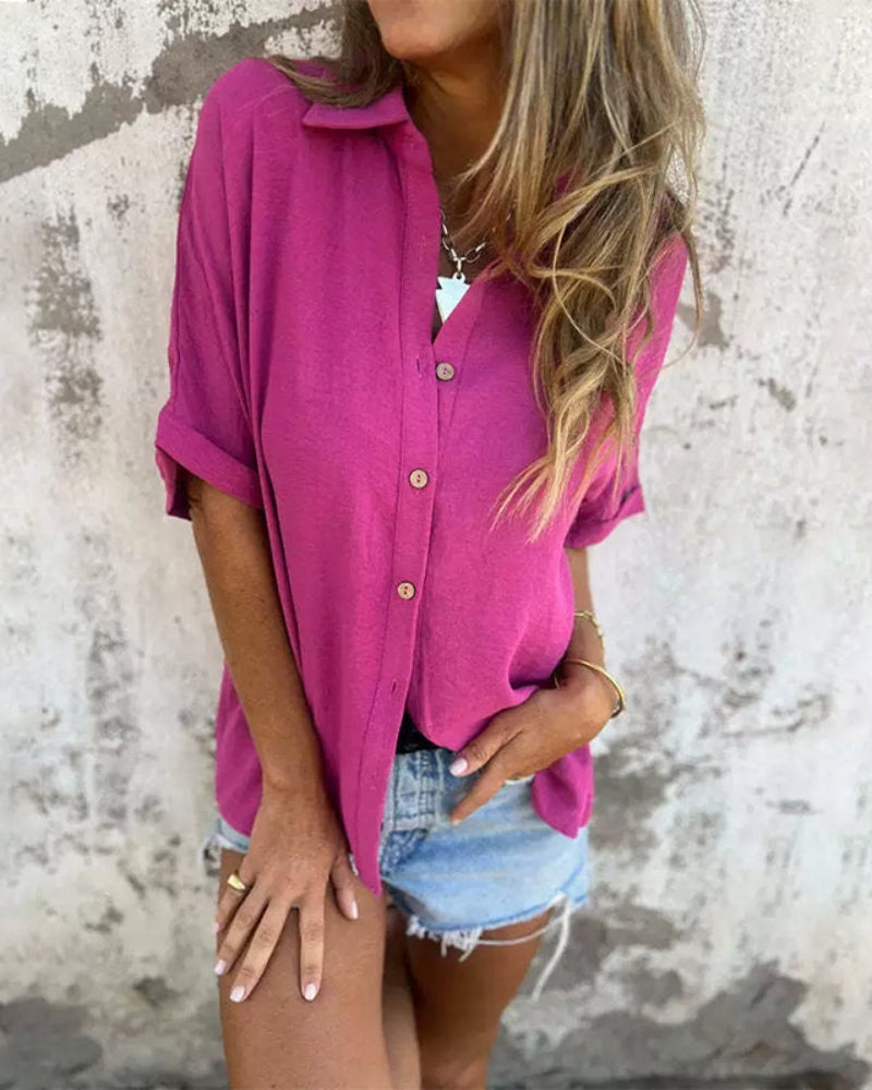 Quinn - Camisa Mujer Suelta Sólida con Botones