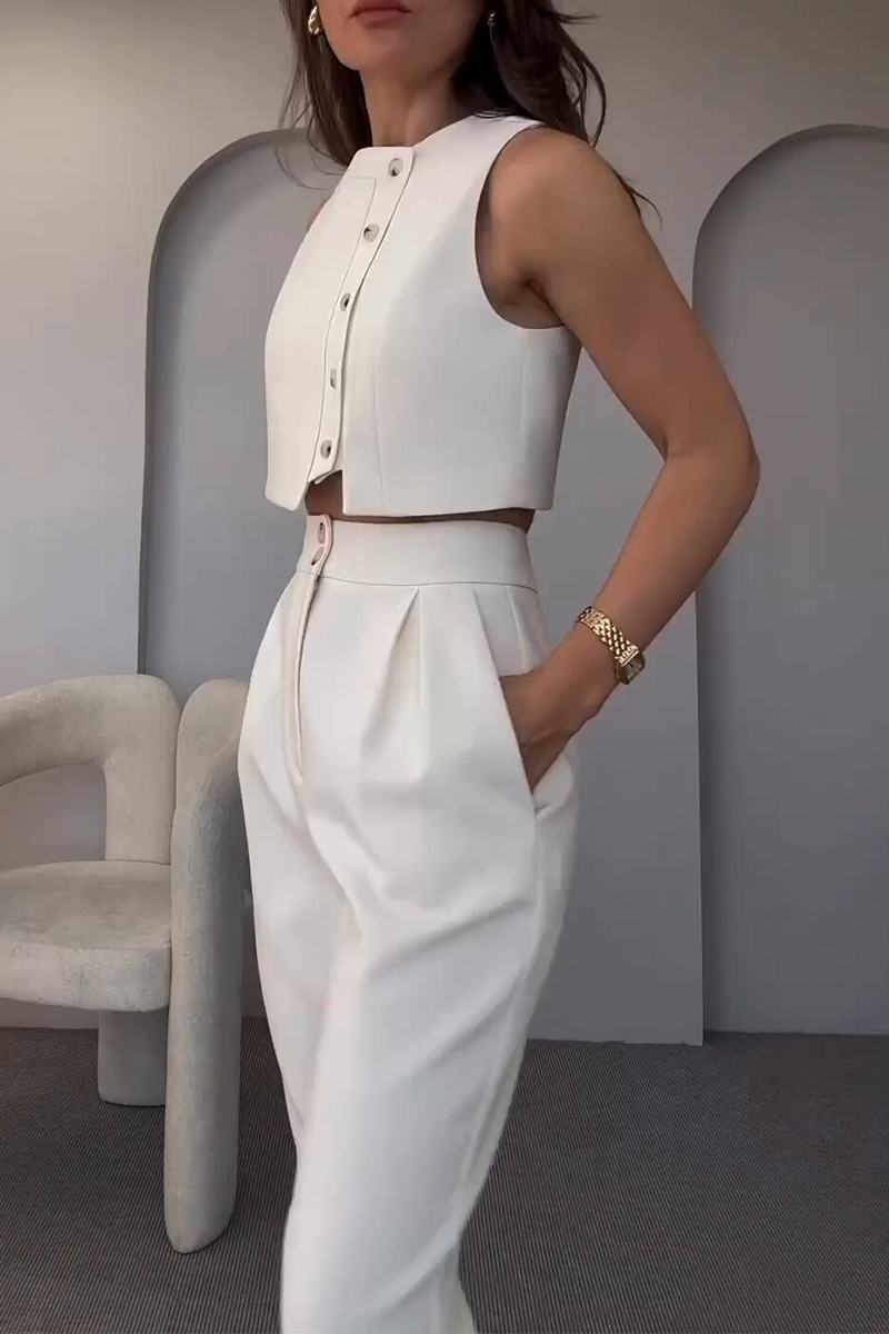 CYRA – CONJUNTO CASUAL DE DOS PIEZAS SIN MANGAS EN COLOR SÓLIDO