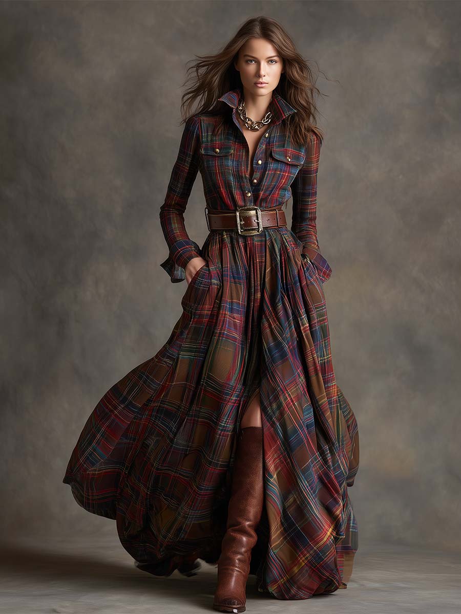 Giulia - Vestido largo de cuadros marrón rojizo con cuello y estilo étnico retro