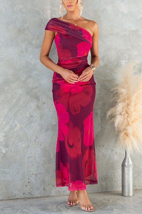 Vestido Maxi Bodycon de Malla con Estampado Floral de Un Solo Hombro