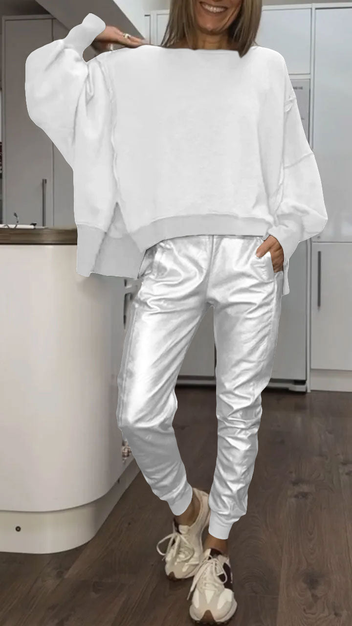 Top Casual de Cuello Redondo para Mujer + Pantalones de Cuero