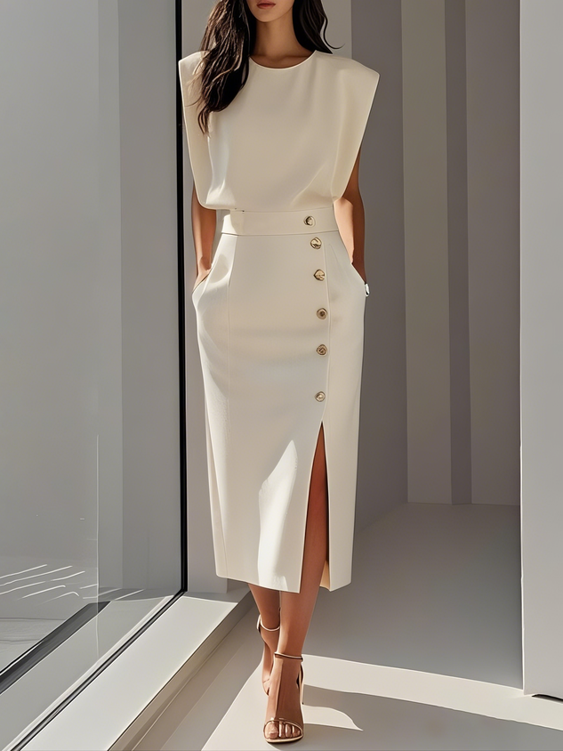 Malene™ | Vestido Midi Sólido con Abertura de Botón y Escote Redondo