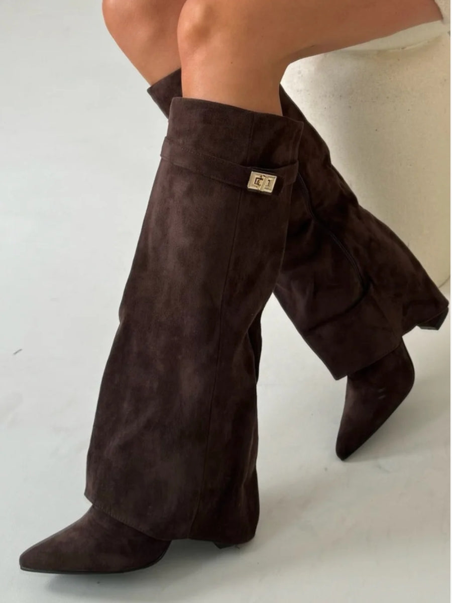 Botas de Mujer hasta la Rodilla con Parte Superior de Campana Ancha y Tacón Bloque