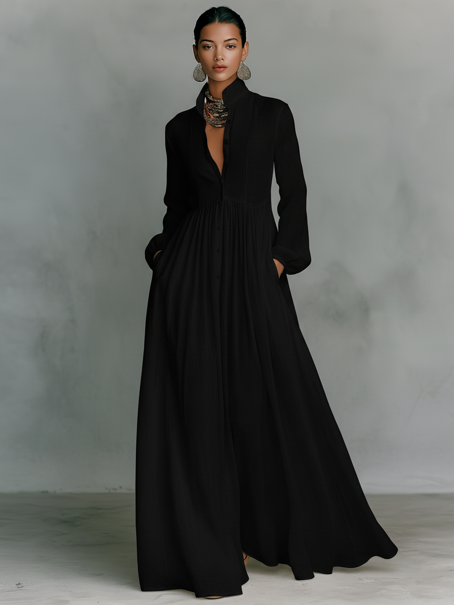 Vestido Maxi Minimalista de Algodón y Lino con Paneles de Patchwork, Cuello Alto y Mangas Largas