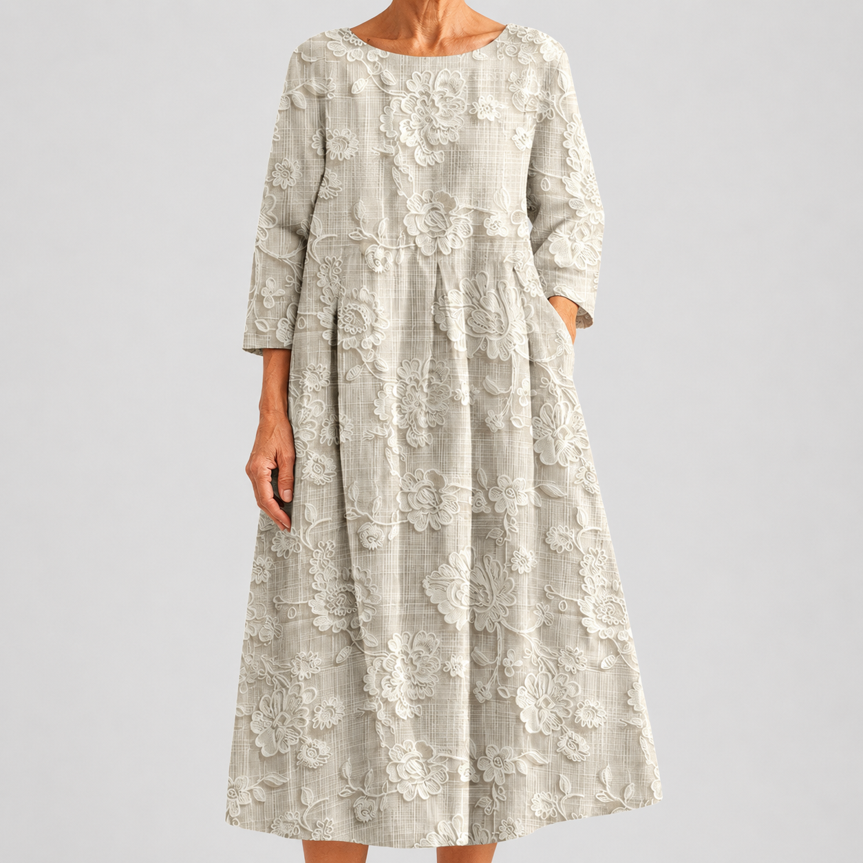 Abito Midi Beige Floreale dallo Stile Senza Tempo