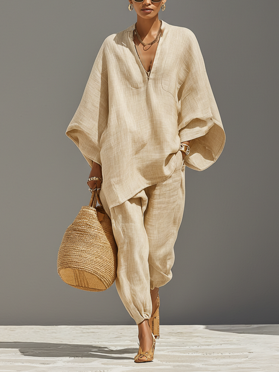 Conjunto Neutro de Lino para Mujer con Dobladillo Asimétrico y Diseño Minimalista, Estilo Diario-Casual Sofisticado