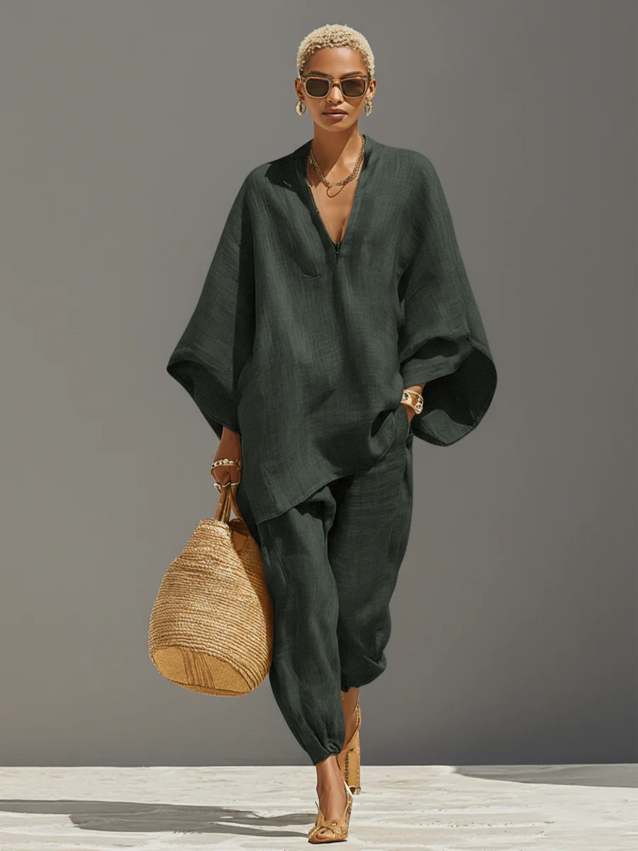 Conjunto Neutro de Lino para Mujer con Dobladillo Asimétrico y Diseño Minimalista, Estilo Diario-Casual Sofisticado
