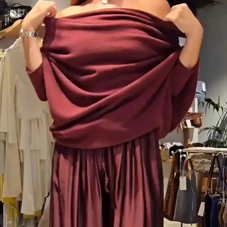 Conjunto de salón elegante de dos piezas con hombros descubiertos – suave, favorecedor y elegantemente casual