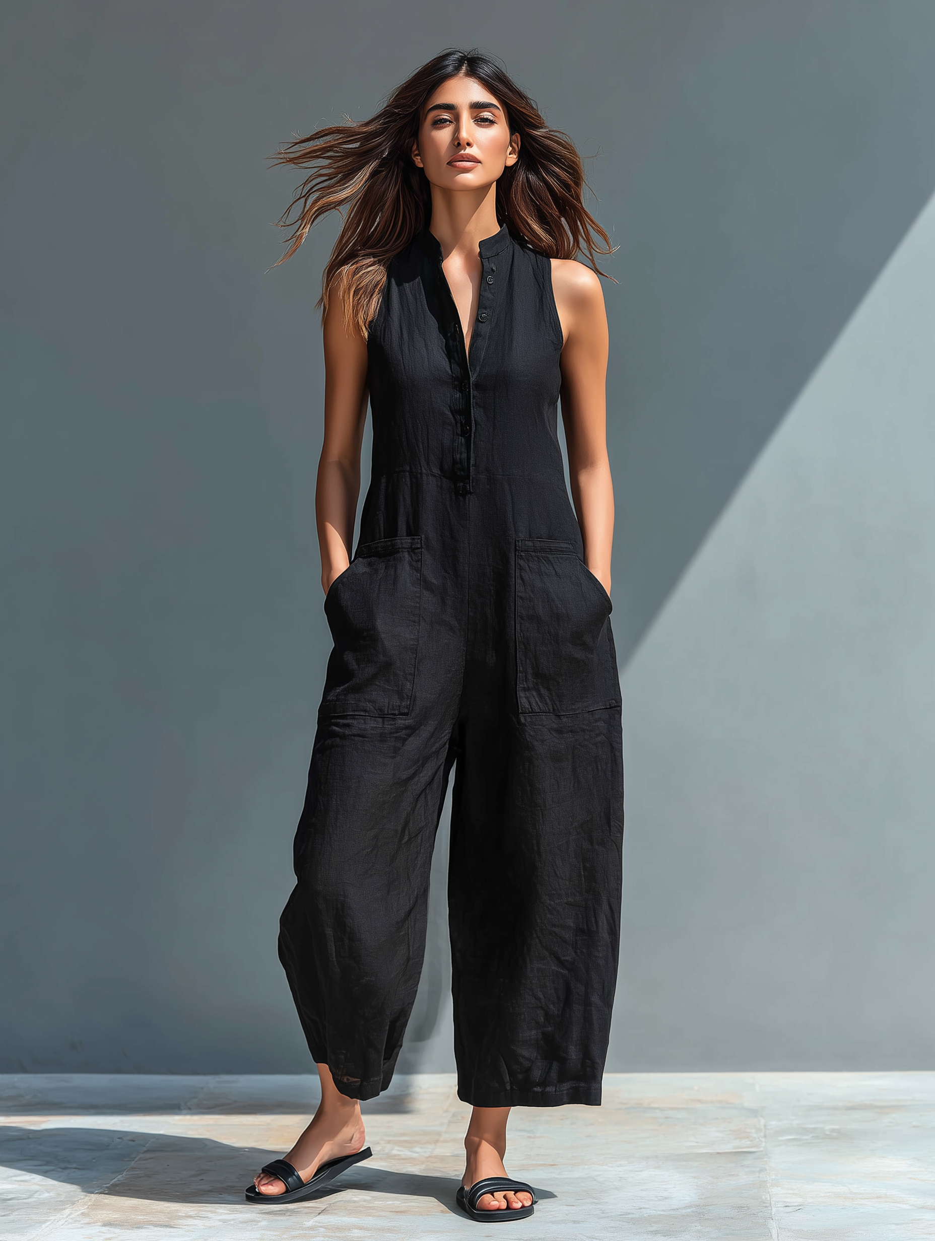 Pantalón sin mangas de mezcla de lino con cuello alto y botones para mujeres