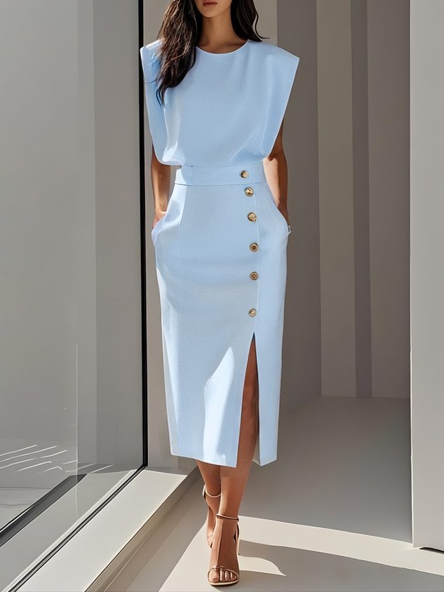 Malene™ | Vestido Midi Sólido con Abertura de Botones y Escote Redondo
