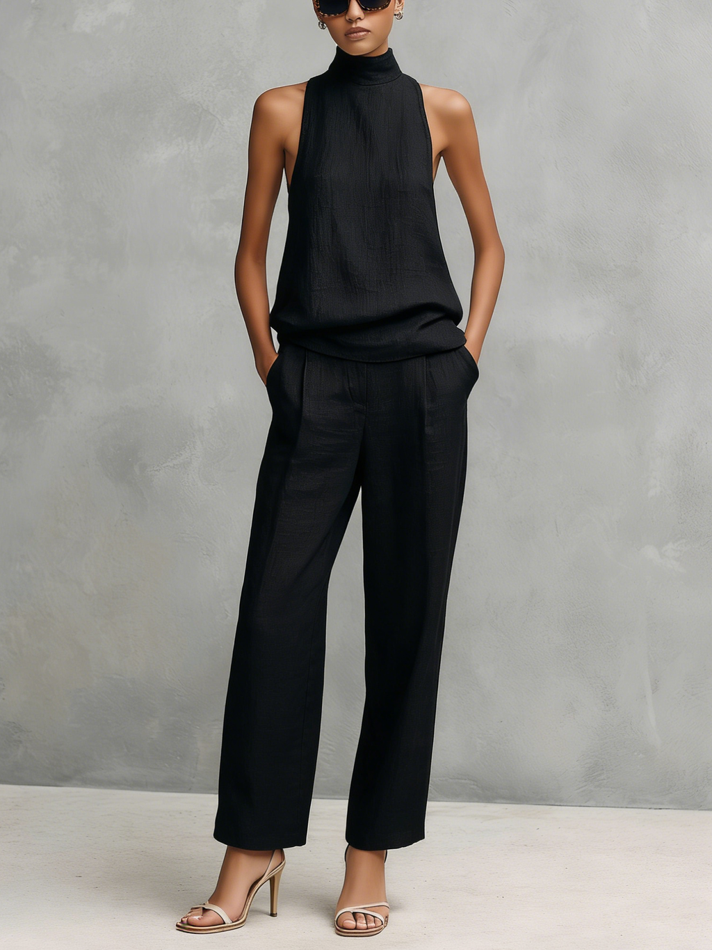 Conjunto de Top Sin Mangas y Pantalones Elegantes de Algodón y Lino Negro para Mujer