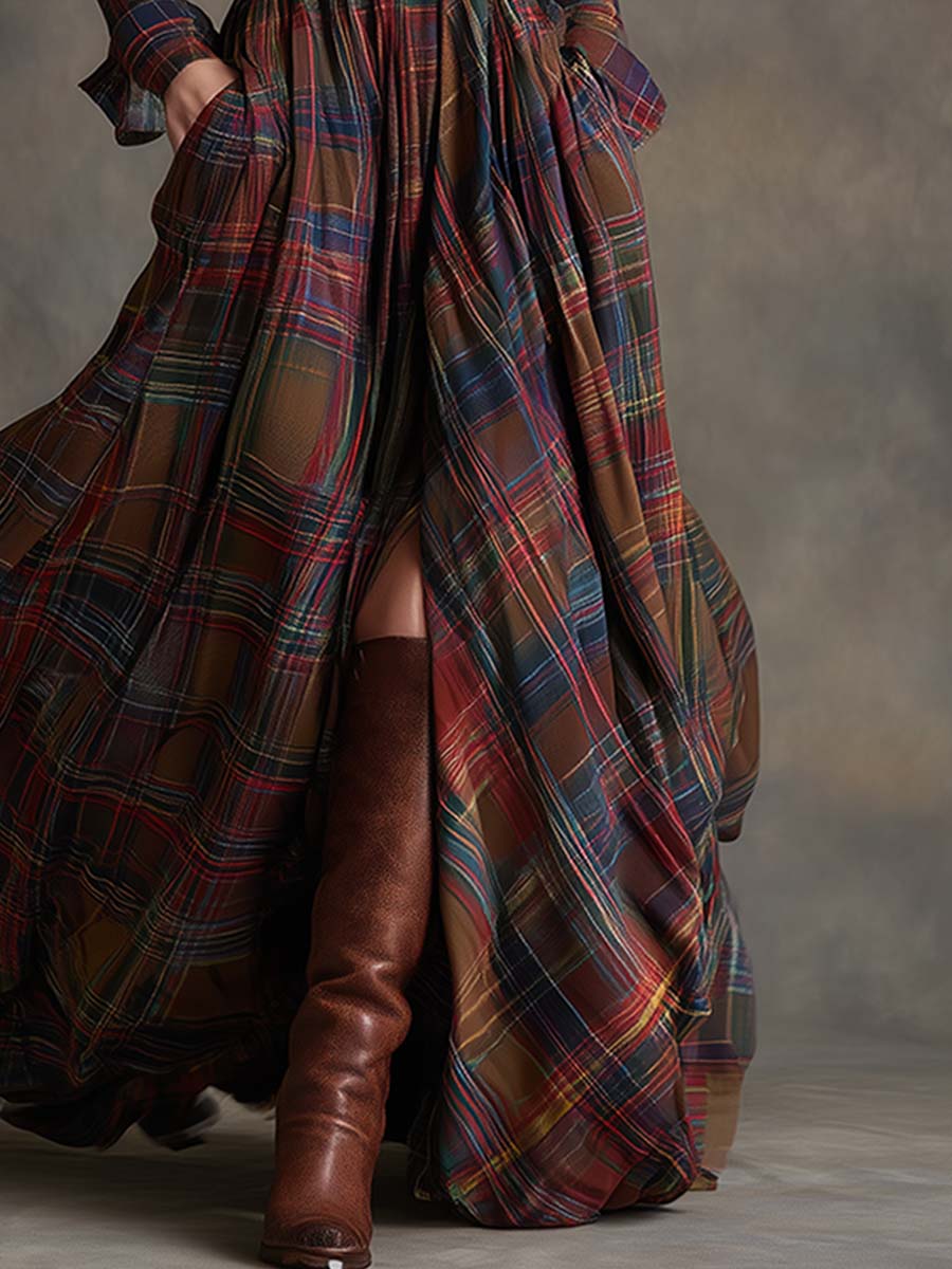 Giulia - Vestido largo de cuadros marrón rojizo con cuello y estilo étnico retro