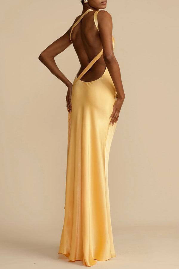 Vestido maxi satinado asimétrico
