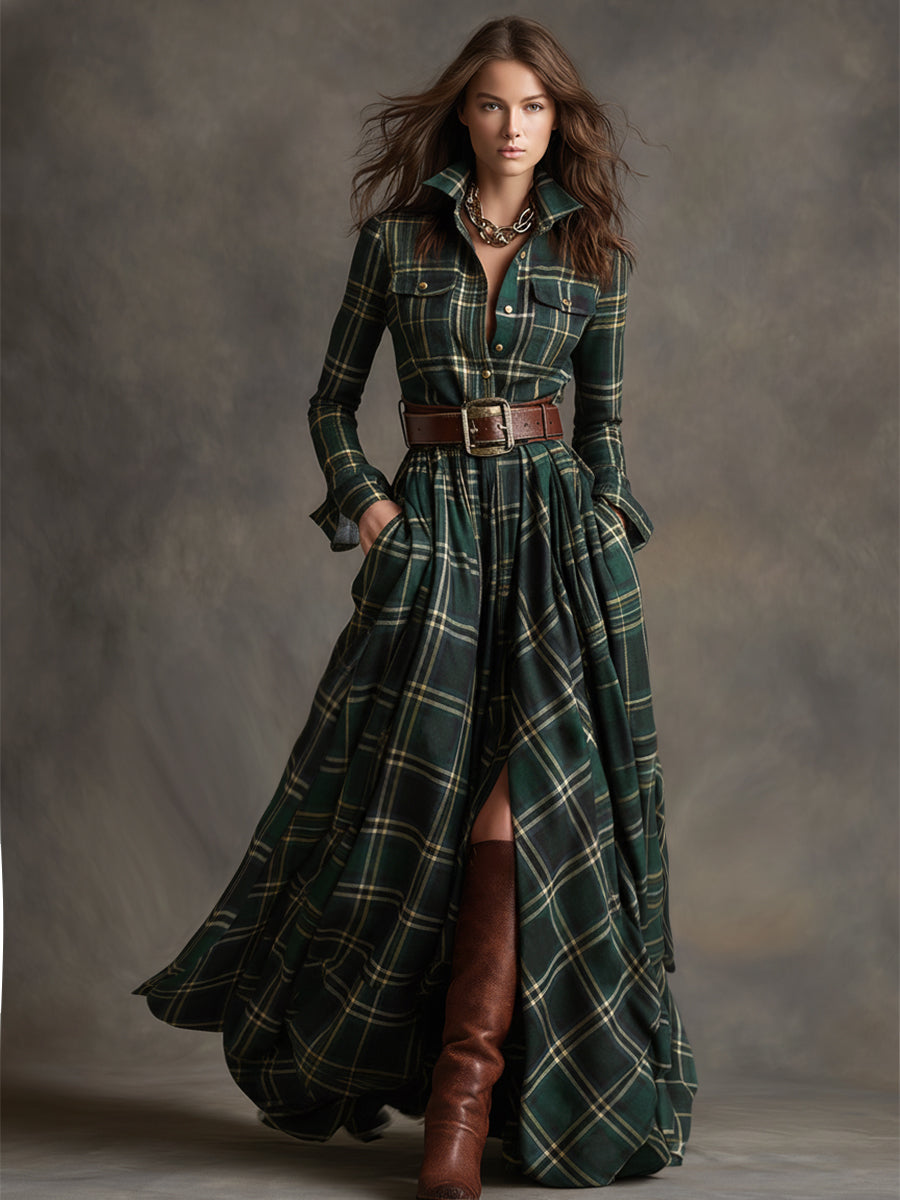 Giulia - Vestido largo de cuadros marrón rojizo con cuello y estilo étnico retro