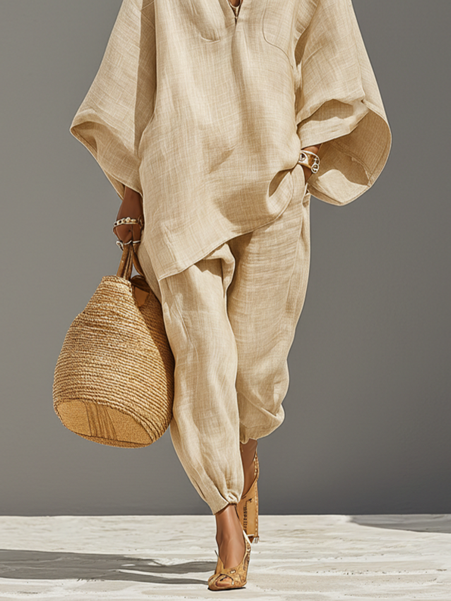 Conjunto Neutro de Lino para Mujer con Dobladillo Asimétrico y Diseño Minimalista, Estilo Diario-Casual Sofisticado