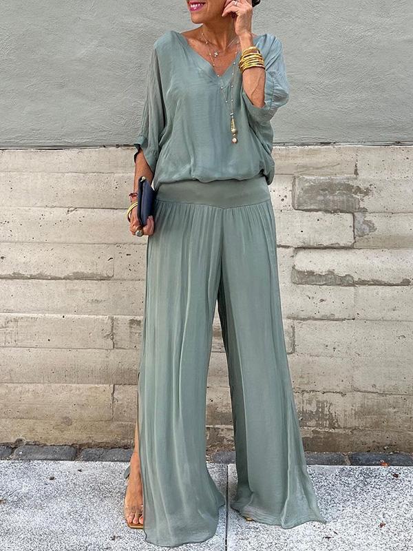 ESMERALDA – CONJUNTO DE PANTALONES ANCHOS DE CHIFFON ELEGANTE DE DOS PIEZAS