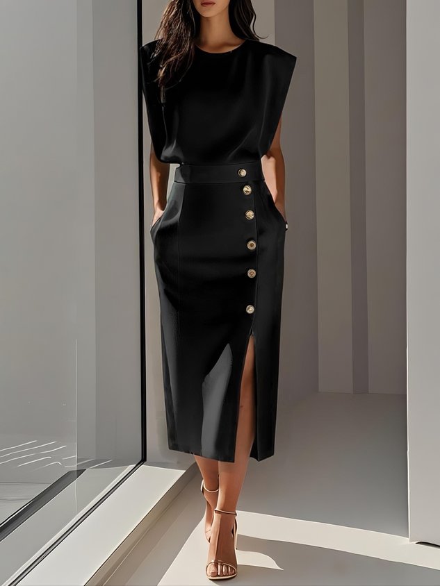 Malene™ | Vestido Midi Sólido con Abertura de Botón y Escote Redondo