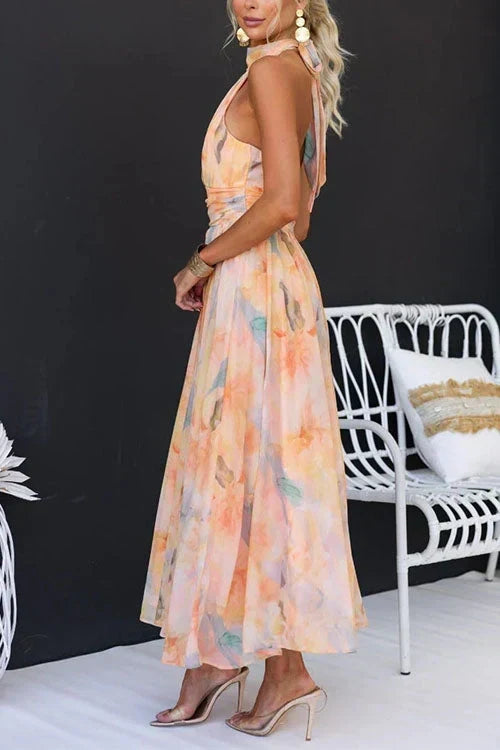 Vestido largo floral de verano para mujer con escote halter