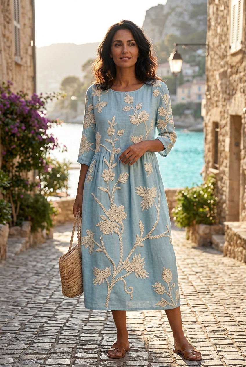 Vestido Midi Fluido con Bordados Florales - Colección Vintage Elegante