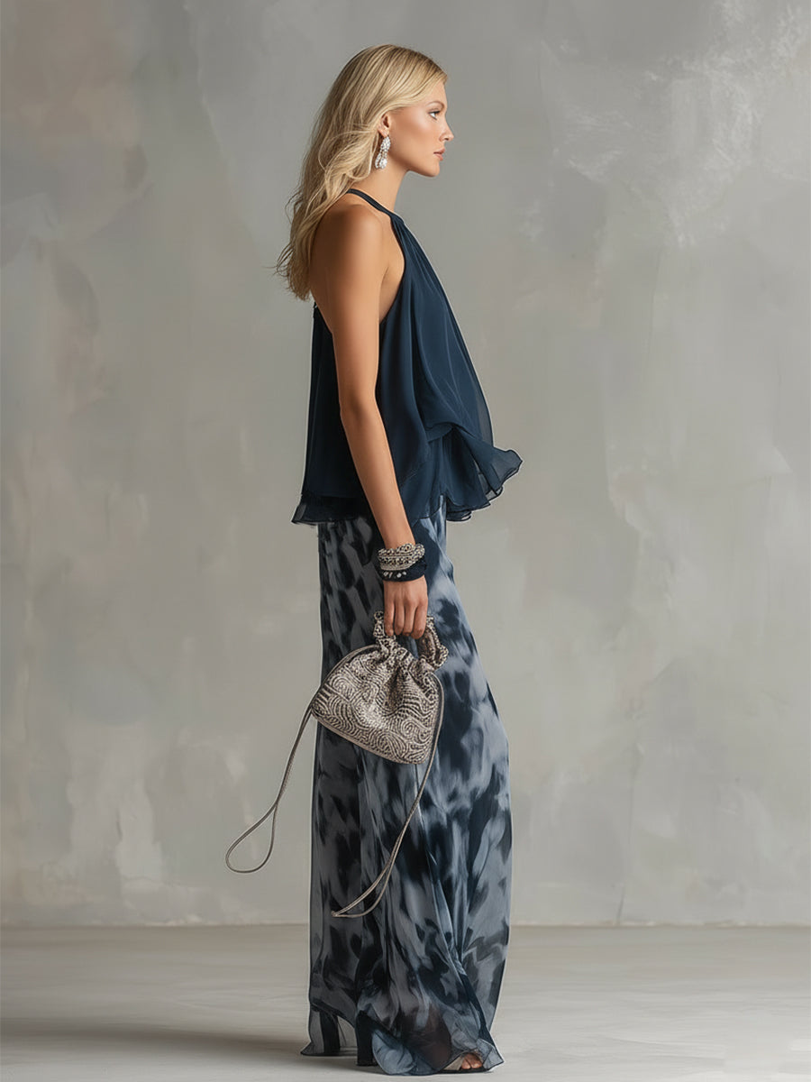 Ludovica | Top Halter Elegante Azul Marino y Conjunto de Pantalones Amplios Estampados