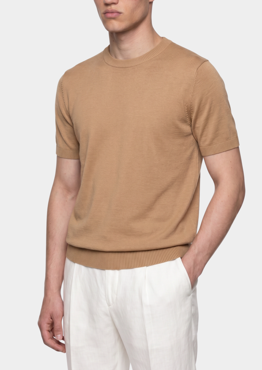 ESSENTIAL BEIGE KNITTED CREWNECK T-SHIRT