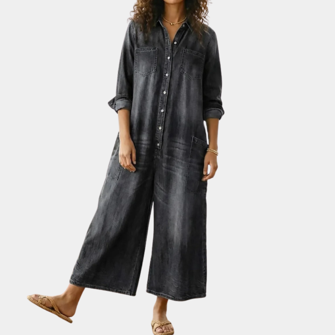 Saylor - Pantalón de Tirantes de Denim de Algodón Lavado Vintage con Cierre de Botón