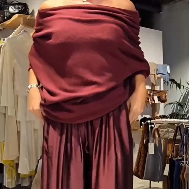 Conjunto de salón elegante de dos piezas con hombros descubiertos – suave, favorecedor y elegantemente casual