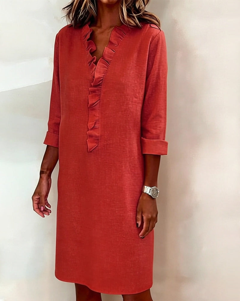 Vestido Sólido con Volantes y Cuello en V