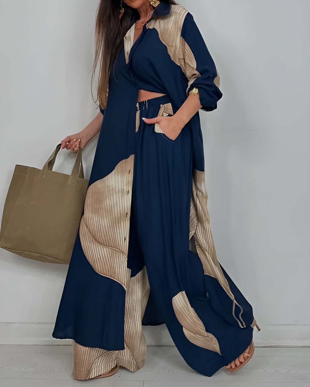 ISABEAU – CONJUNTO DE TOP IMPRESO DE PATCHWORK TENDENCIA Y PANTALONES ANCHOS