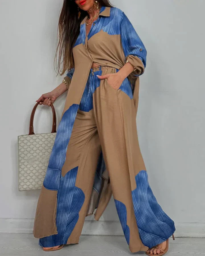 ISABEAU – CONJUNTO DE TOP IMPRESO DE PATCHWORK TENDENCIA Y PANTALONES ANCHOS