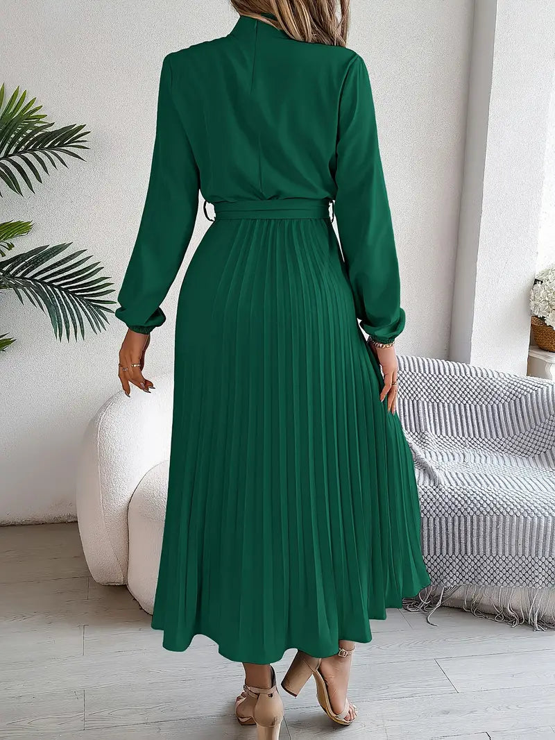 Vestido Midi Plisado de Manga Larga para Mujeres con Cintura con Cinturón