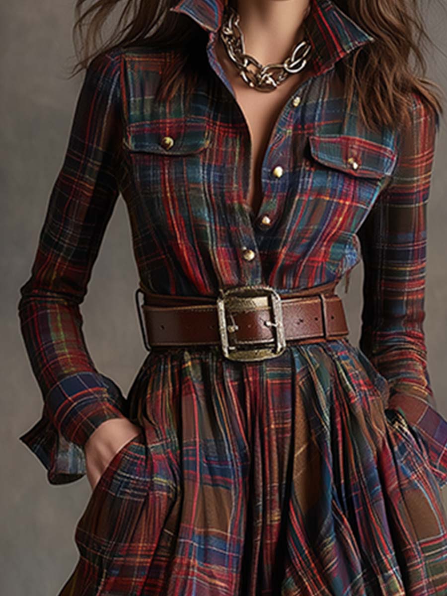 Giulia - Vestido largo de cuadros marrón rojizo con cuello y estilo étnico retro