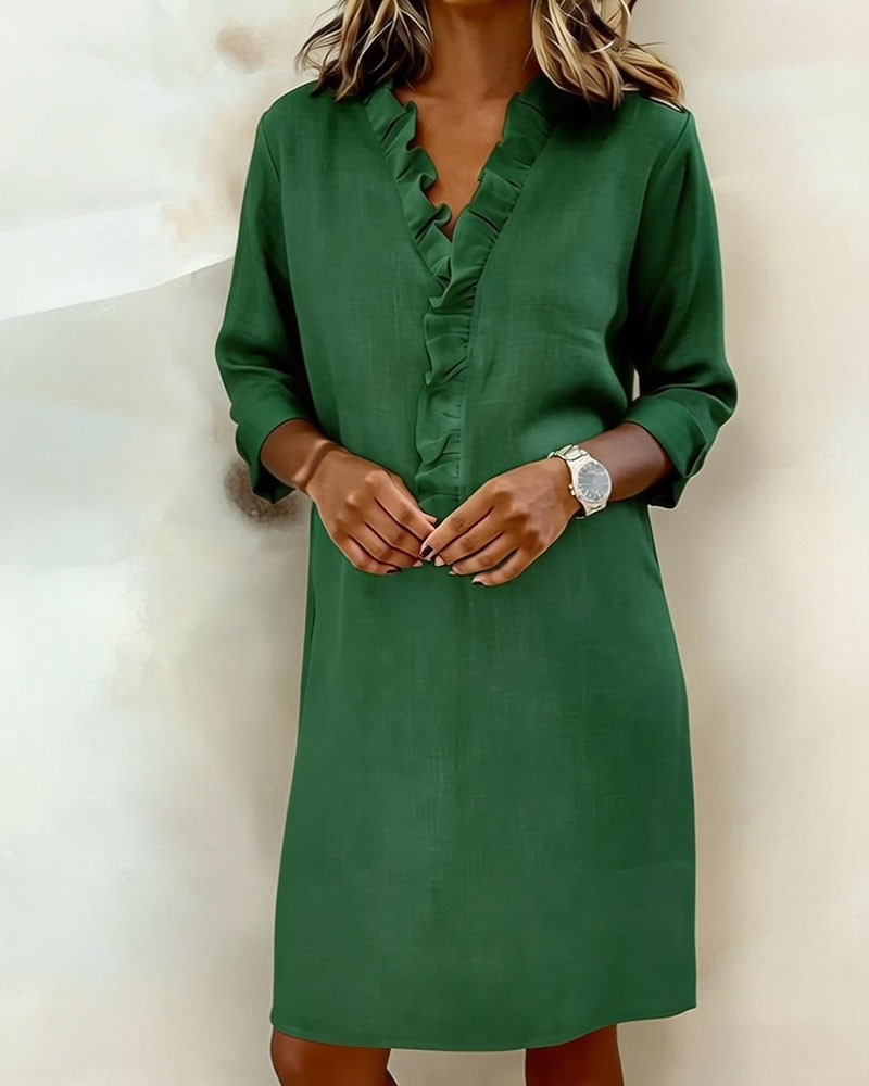 Vestido Sólido con Volantes y Cuello en V