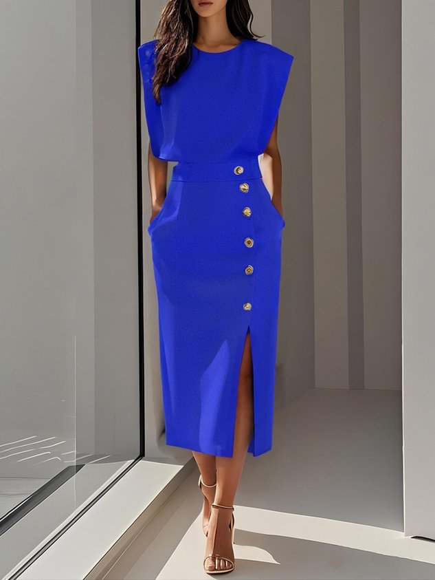 Malene™ | Vestido Midi Sólido con Abertura de Botones y Escote Redondo