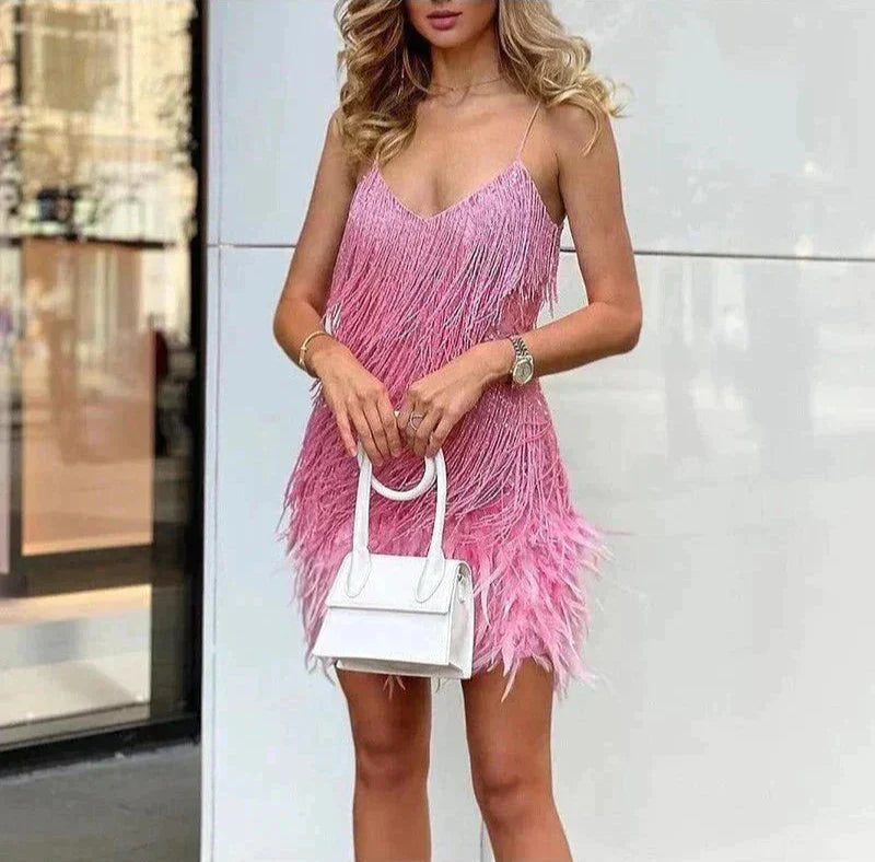 ALEXIS – VESTIDO DE FIESTA MODERNO CON PLUMAS PARA SALIDAS NOCTURNAS