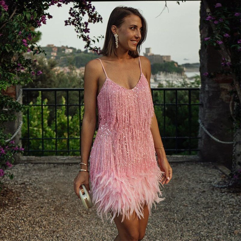 ALEXIS – VESTIDO DE FIESTA MODERNO CON PLUMAS PARA SALIDAS NOCTURNAS
