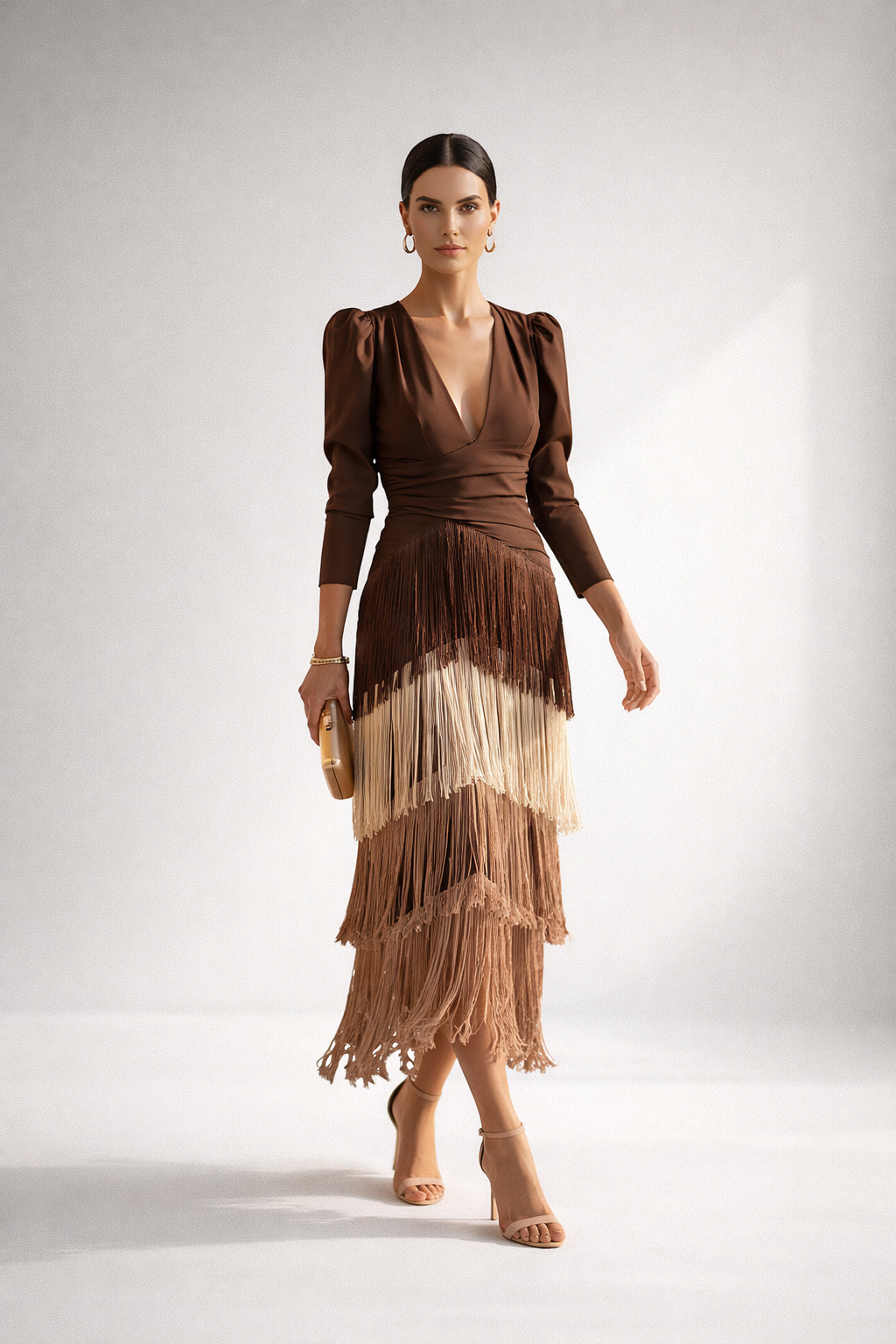 Vestido Midi Con Flecos Elegante — Silueta Refinada y Dinámica