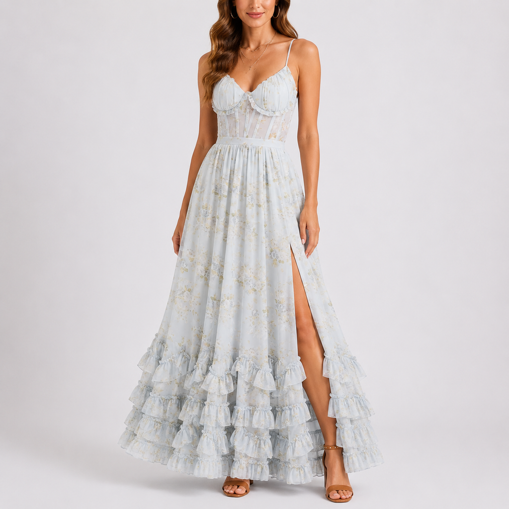 Vestido largo de mujer con corsé y estampado floral