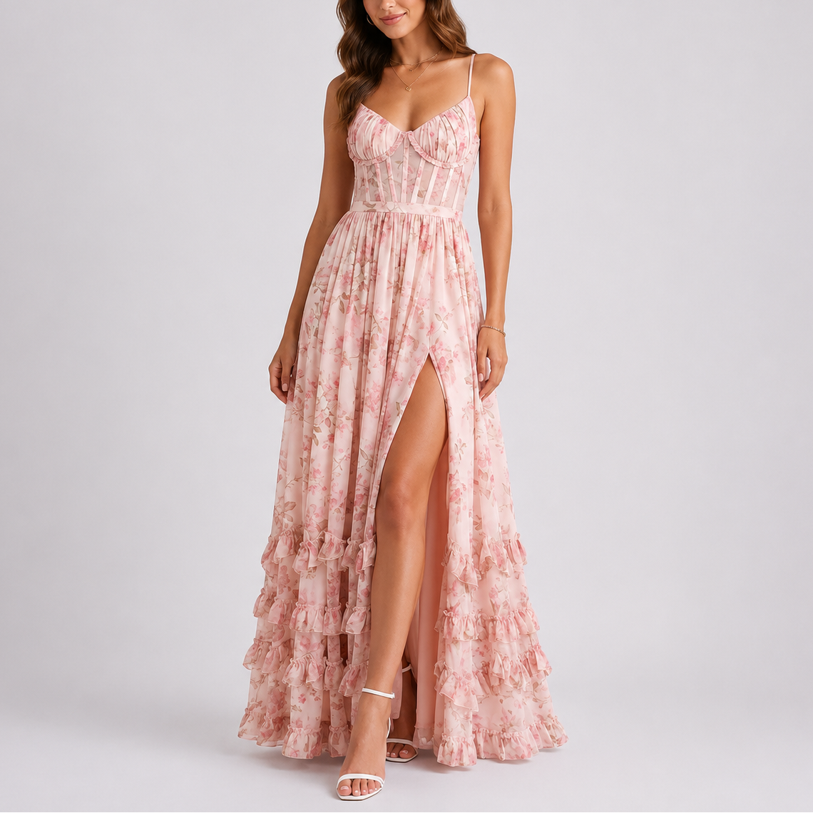 Vestido largo de mujer con corsé y estampado floral