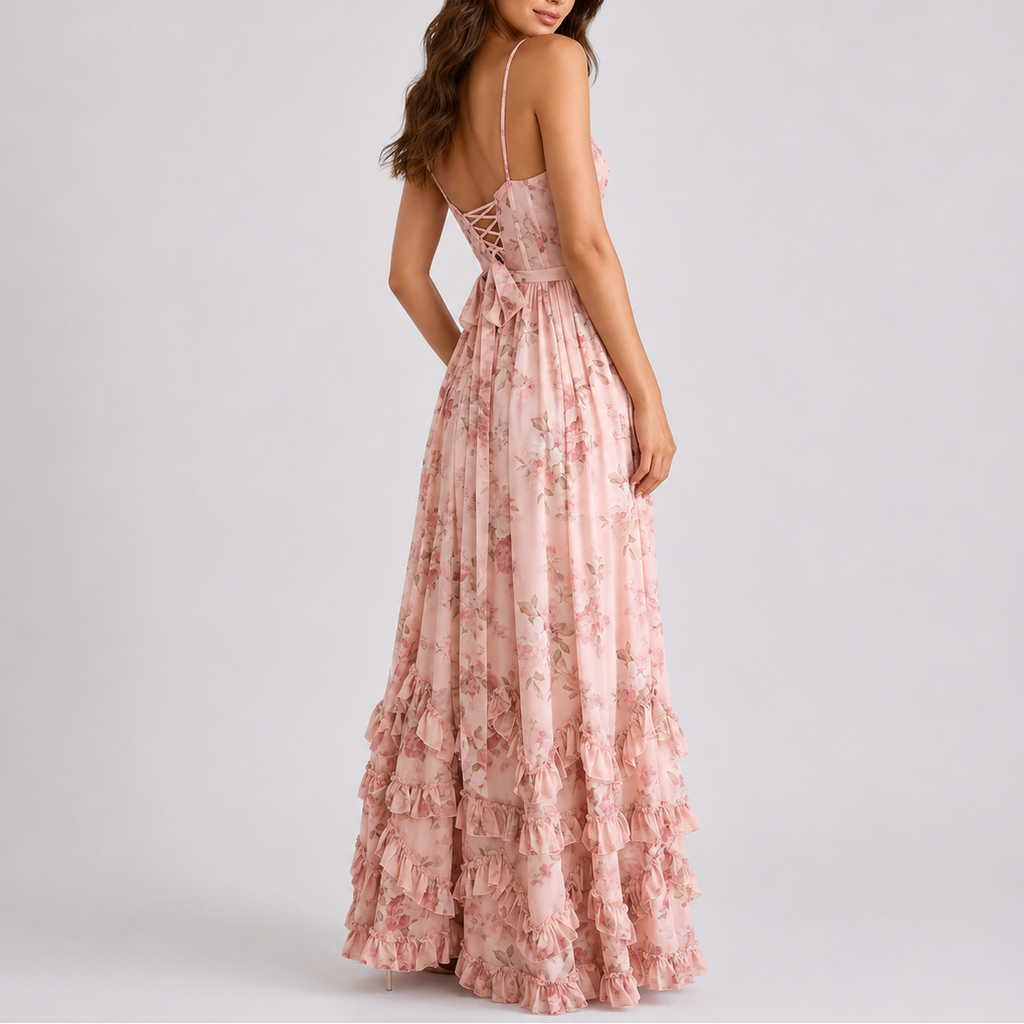 Vestido largo de mujer con corsé y estampado floral