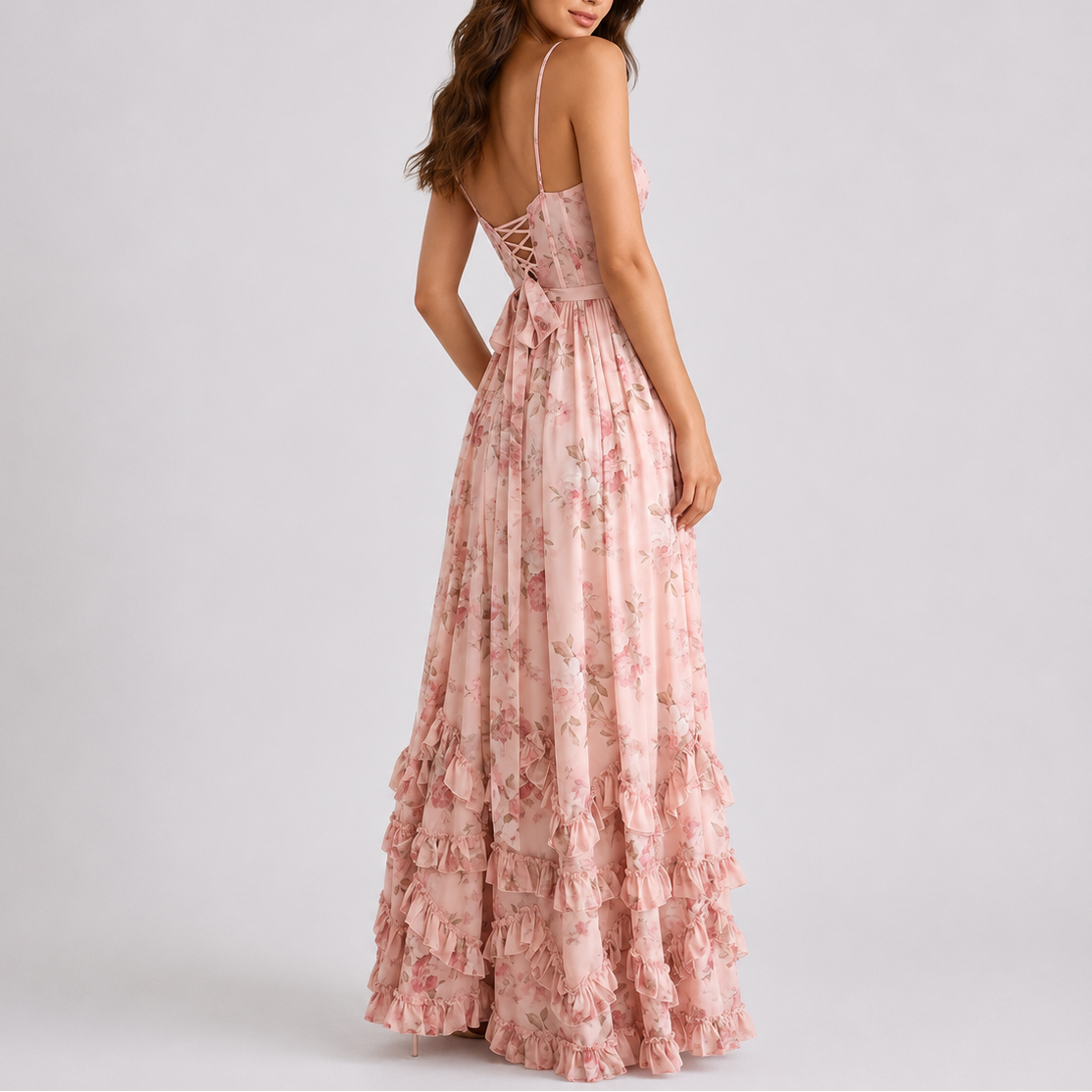 Vestido largo de mujer con corsé y estampado floral