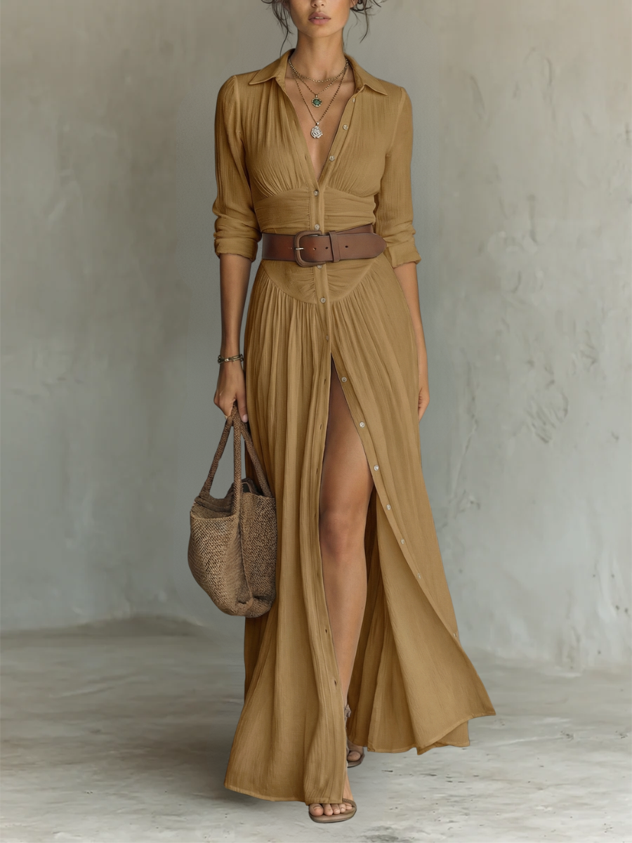 Vestido Maxi Largo con Cuello y Mangas Largas de Lino para Mujer