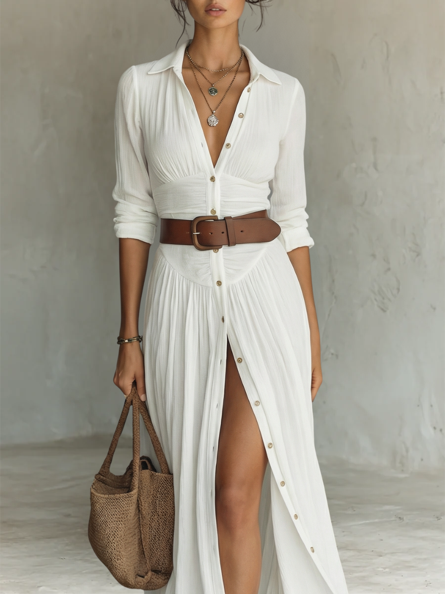 Vestido Maxi Largo con Cuello y Mangas Largas de Lino para Mujer